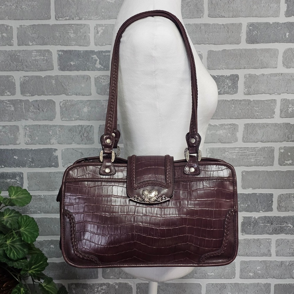 Maggie Barnes Croc‎ Embossed Satchel Handbag Burgundy Leather Silver Hardware